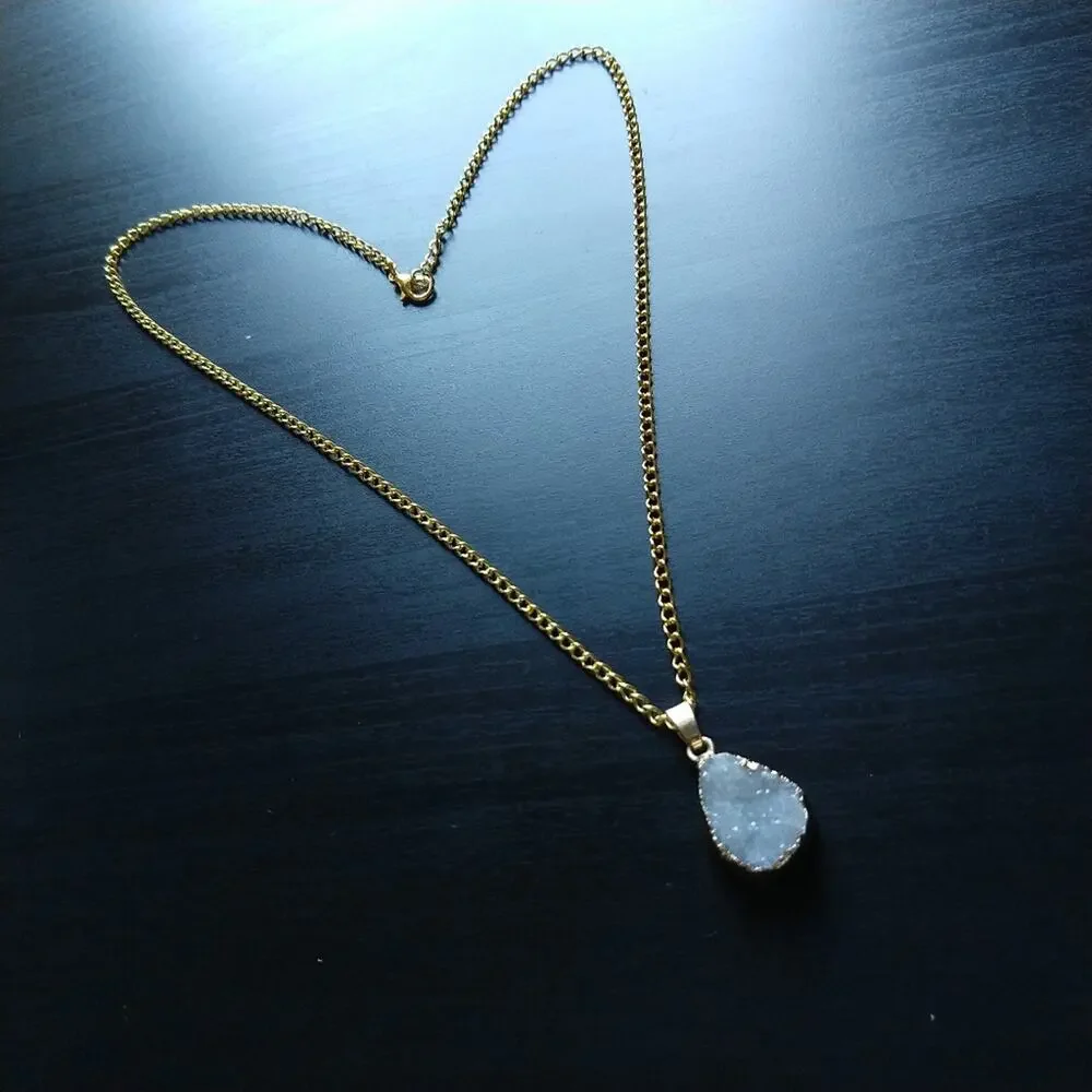 White Druzy Garnet Gold Pendant Necklace natural stone fashion jewelry matinee